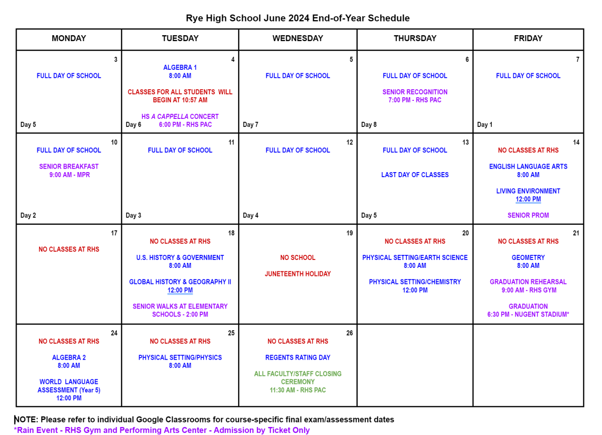 Rye High School June 2024 End-of-Year Schedule | Posts Details