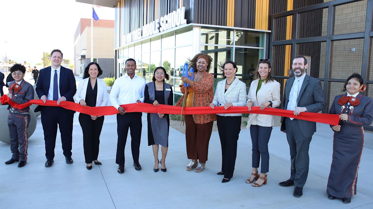 CCSD leaders and school staff at the ribbon-cutting ceremony for the rebuilt Ed Von Tobel Middle School in northeast Las Vegas