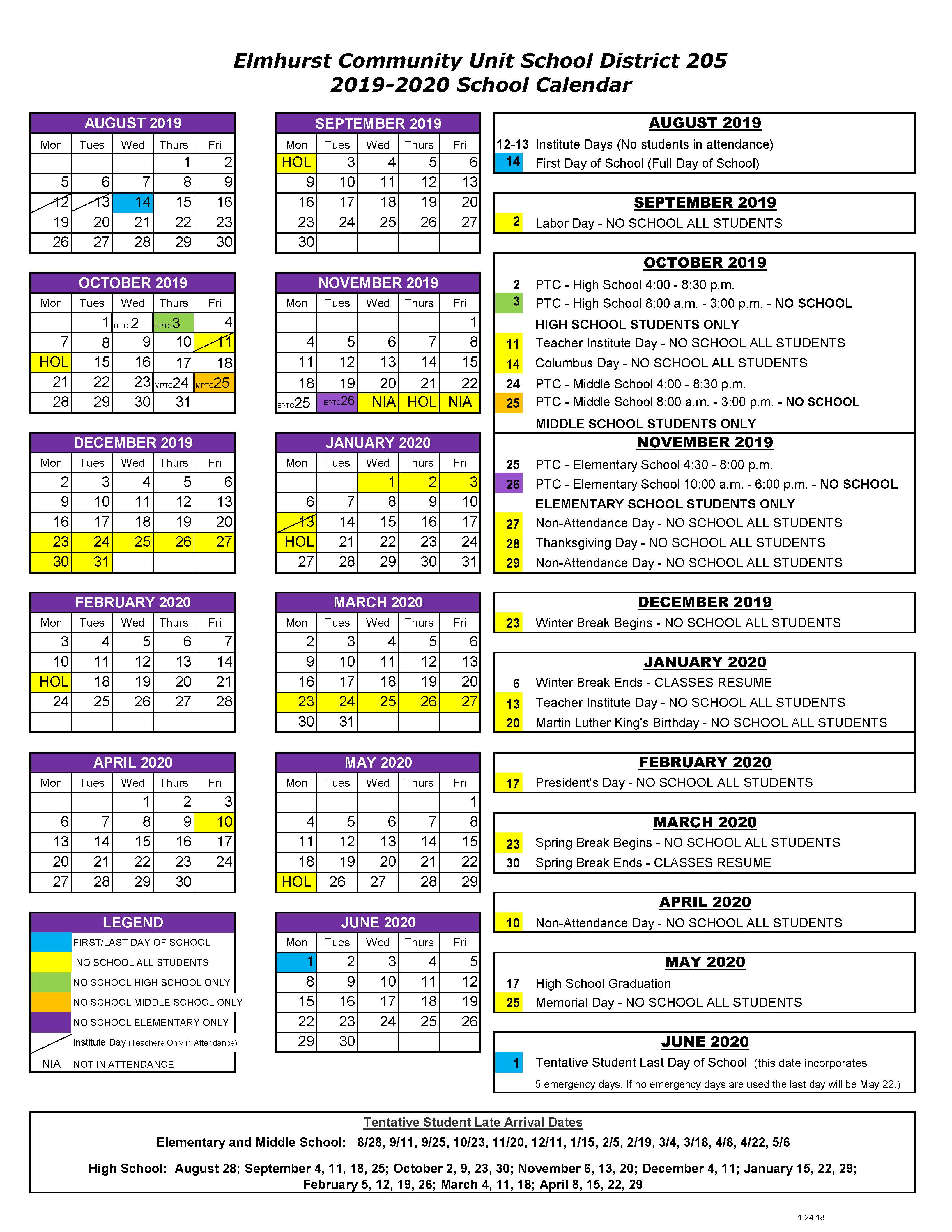 Elmhurst Community Unit School District 205 Calendar 2020 and 2021