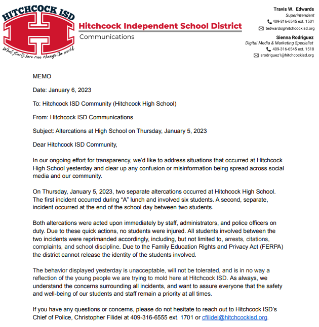 MEMO: Altercations at High School on Thursday, January 5, 2023 | Full