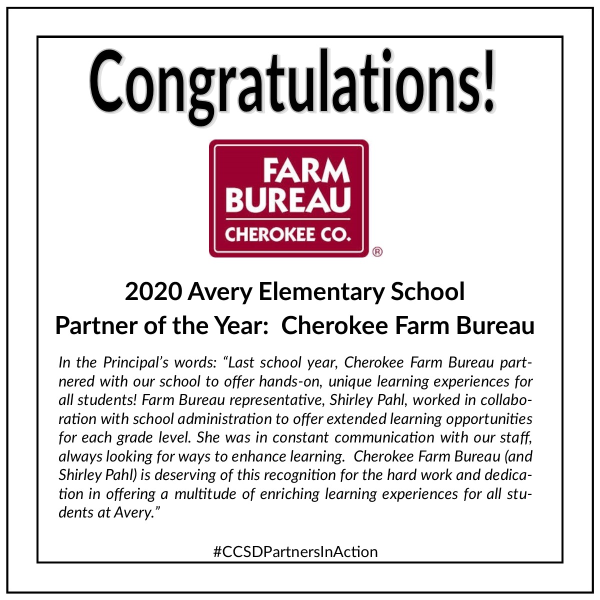 Meet a CCSD 2020 School Partner of the Year Cherokee Farm Bureau of