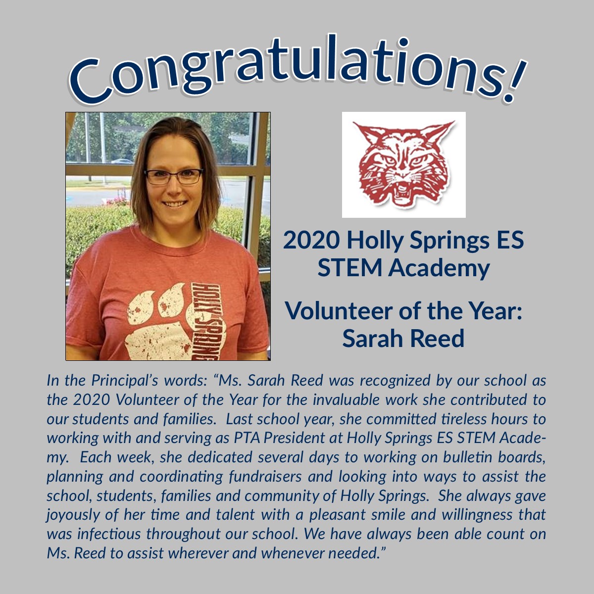 Meet a CCSD 2020 School Volunteer of the Year Sarah Reed of Holly