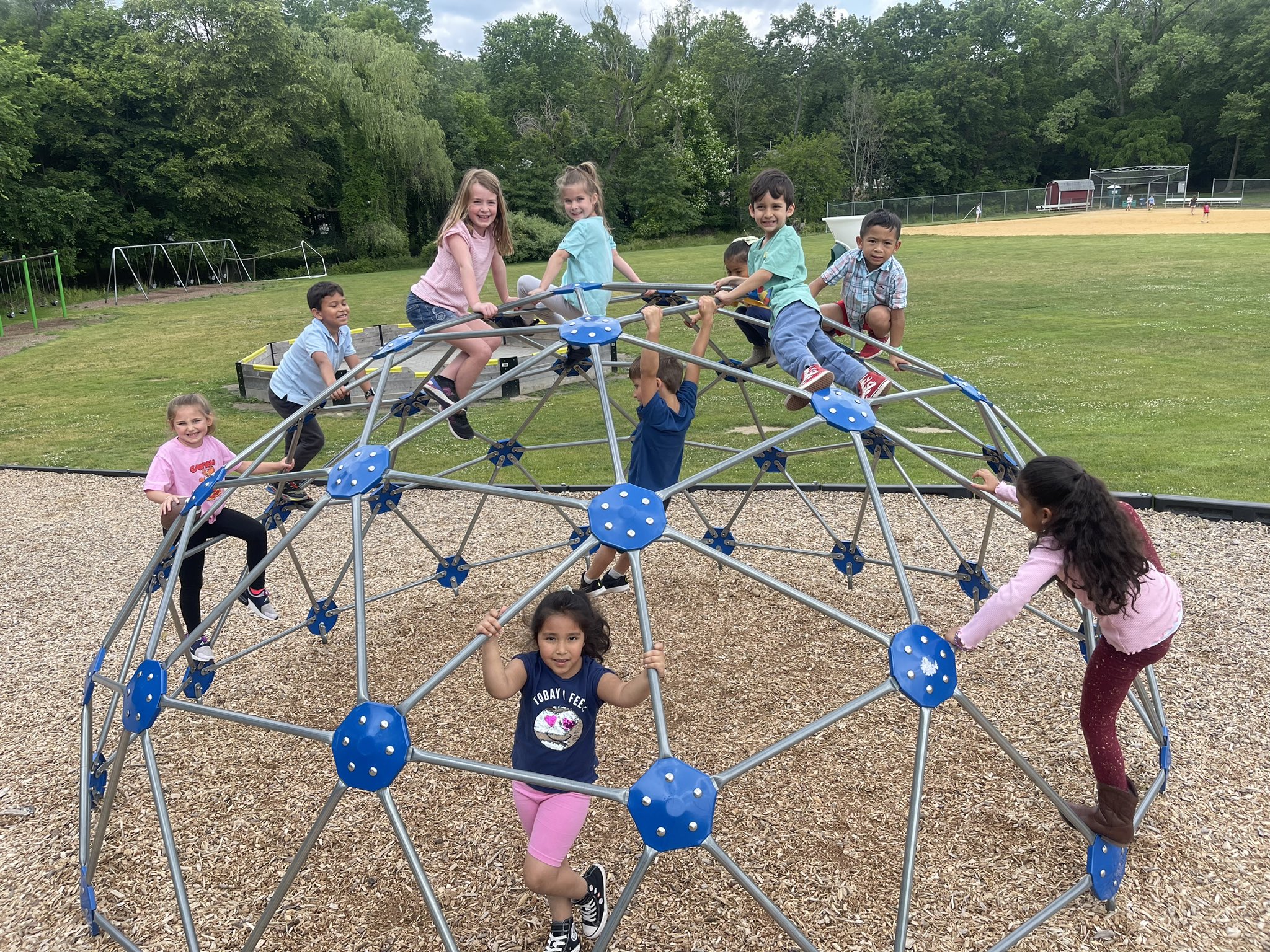 Children play on a geodesic dome climber in the foreground, with a grassy field and trees in the background.