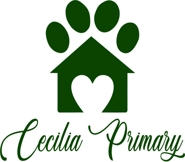 A green paw print atop a house with a heart cutout is displayed above the cursive text "Cecilia Primary" on a white background.