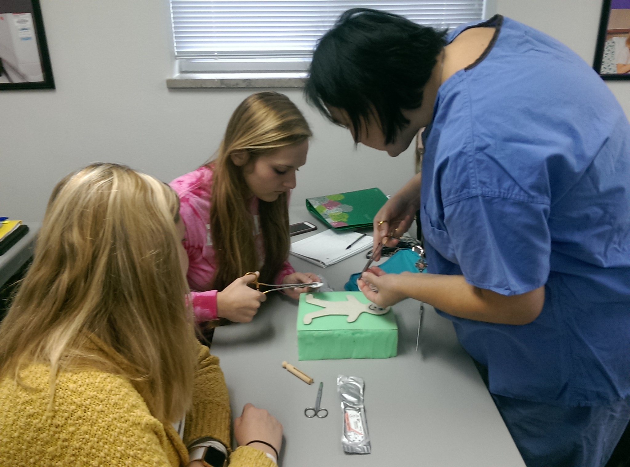 Teacher demonstrating how to do stitches