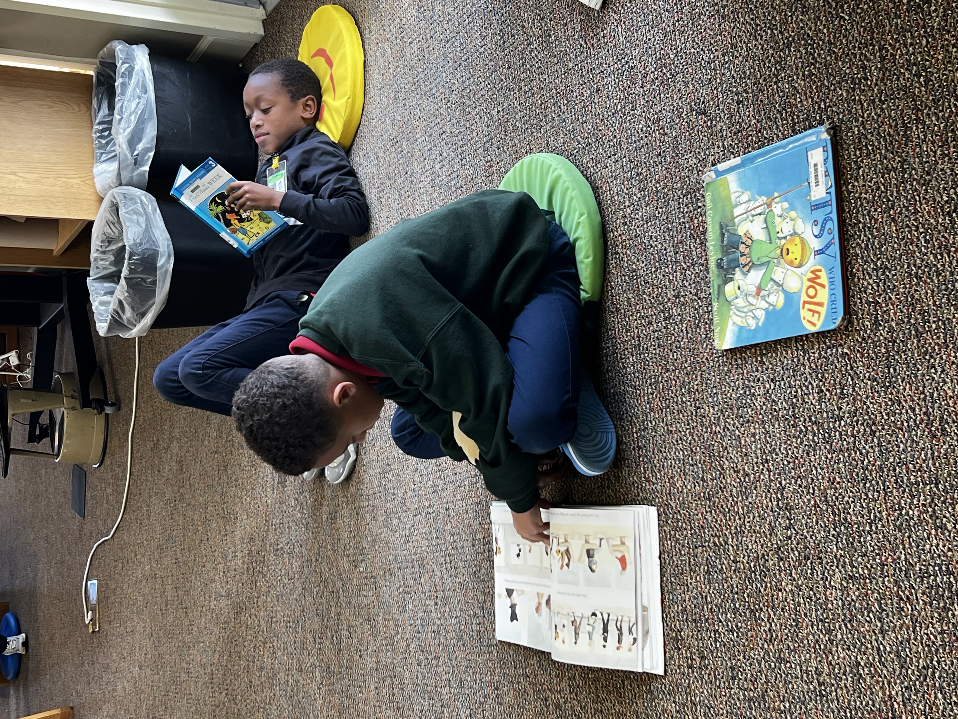 Two male students reading books in the library.
