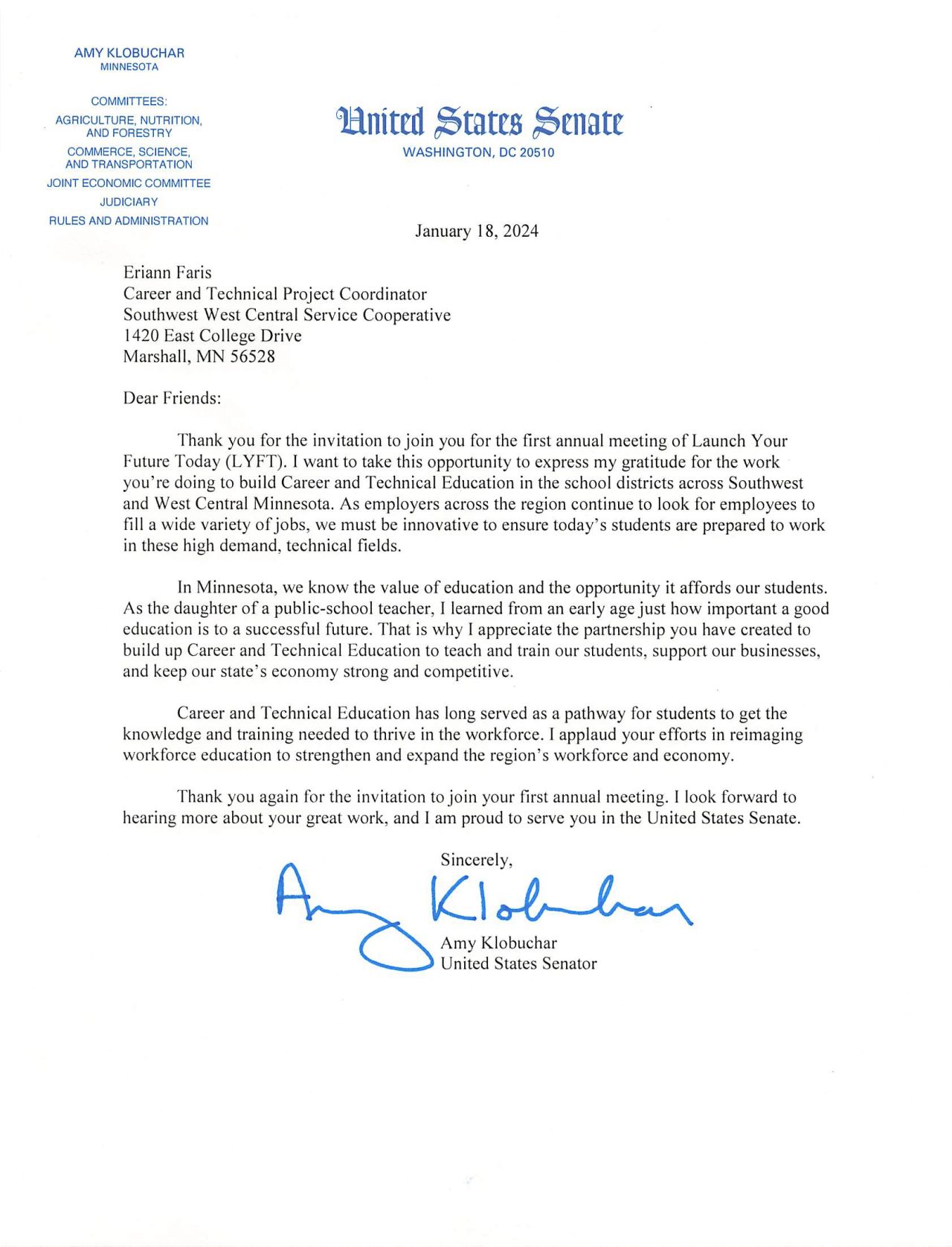 letter from senator Klobuchar