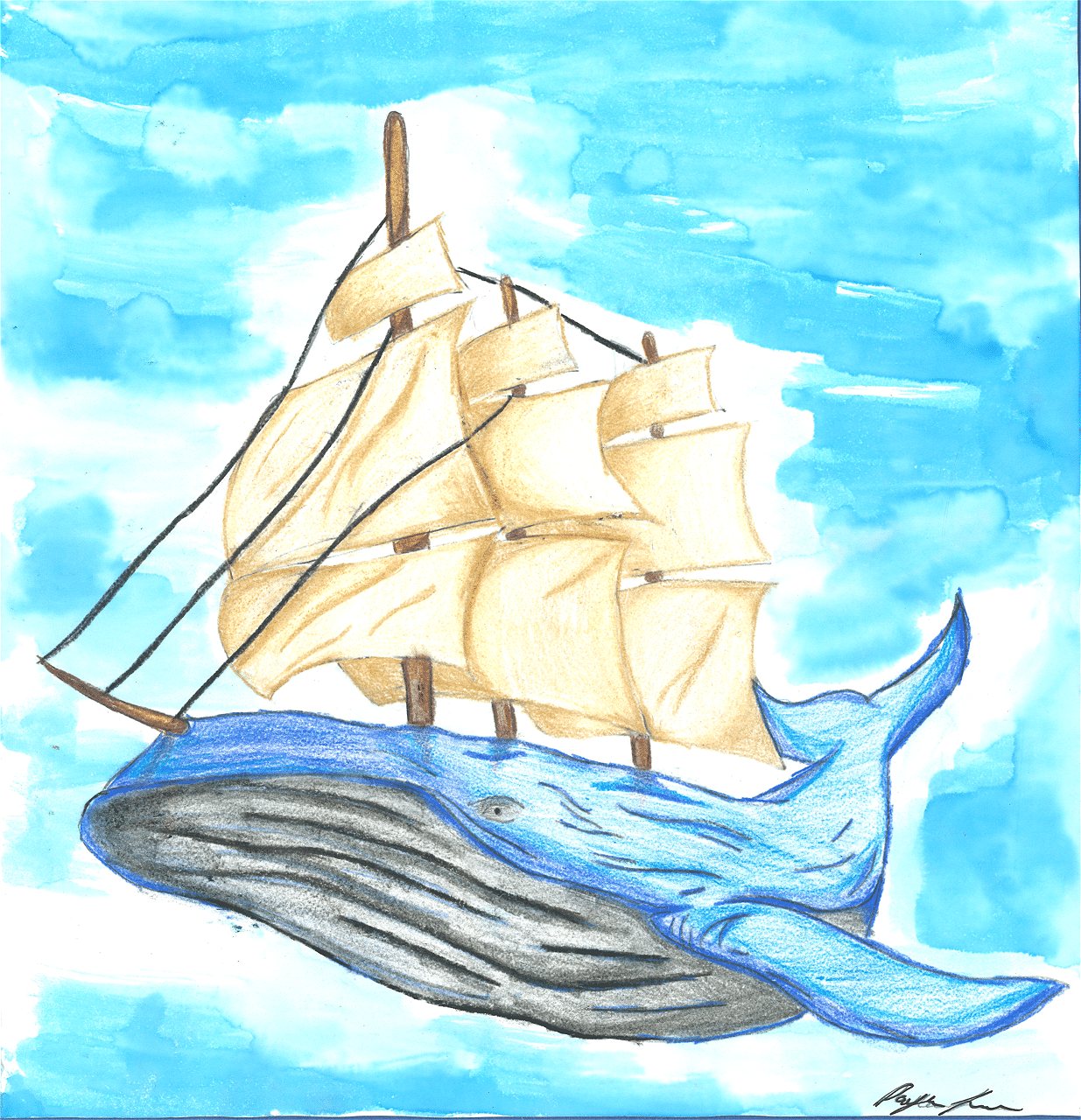 watercolor ship on the back of a whale on a blue background