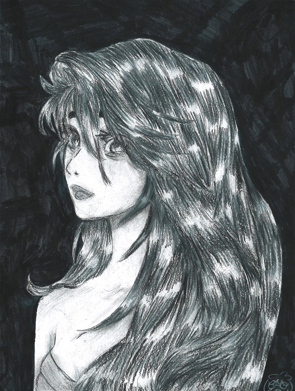 student artwork of a girl with long hair in black & white