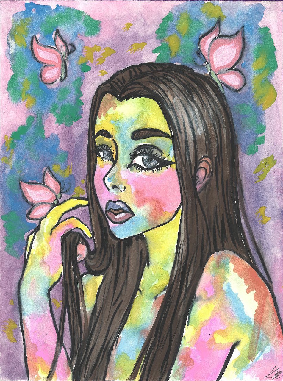 watercolor of a girl with long hair and butterflies around her