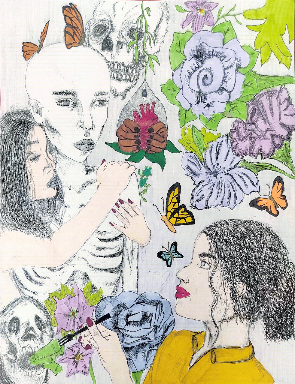 student artwork of two girls staring at a skeleton, flowers, and butterflies