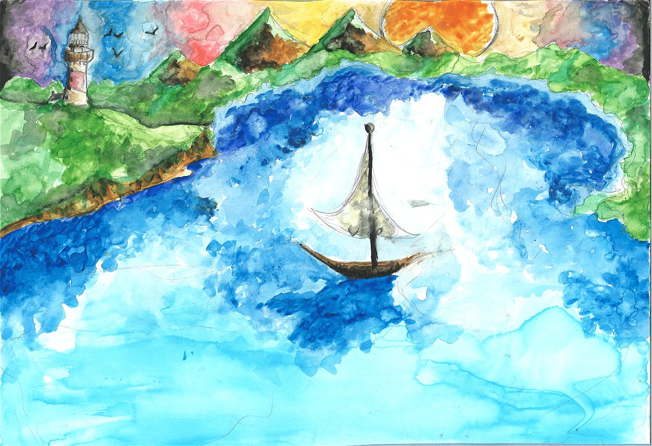 watercolor of ship in a lake with green coast and sun rising