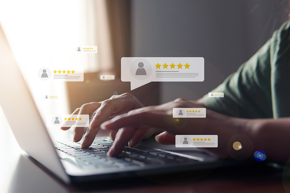 A customer leaving an online review for a local small business, boosting visibility and credibility