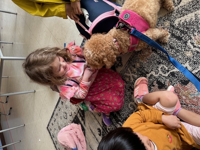 Phoebe the therapy dog with student at AWR