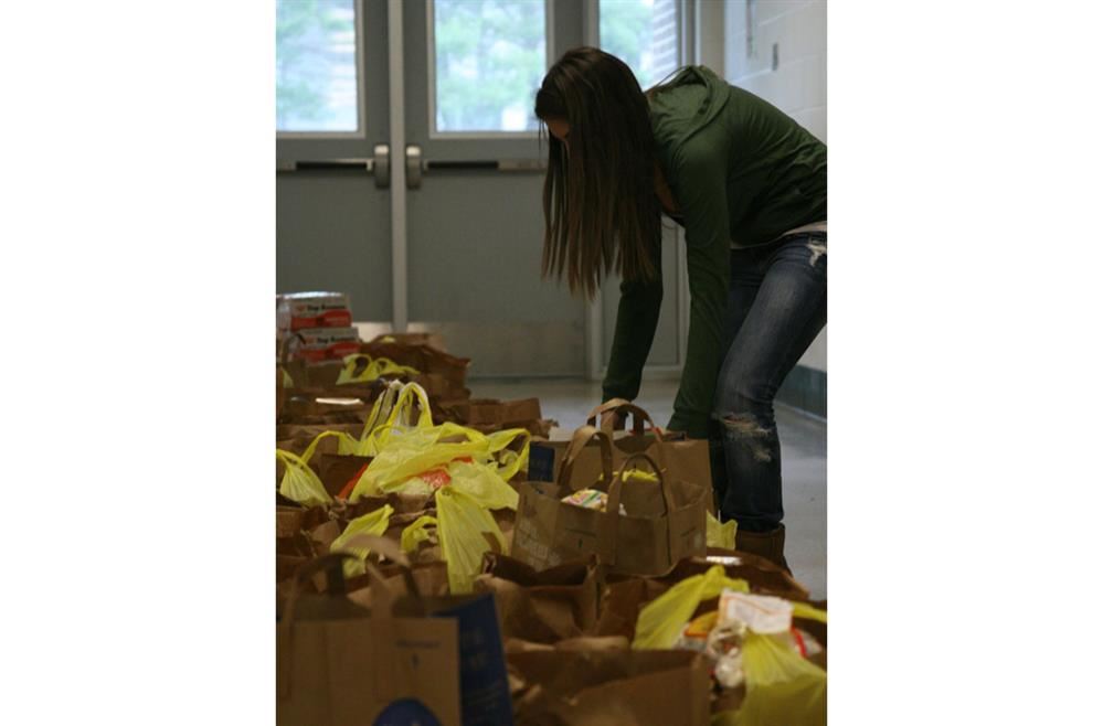 Food Drive - Student organizing food drive shopping bags