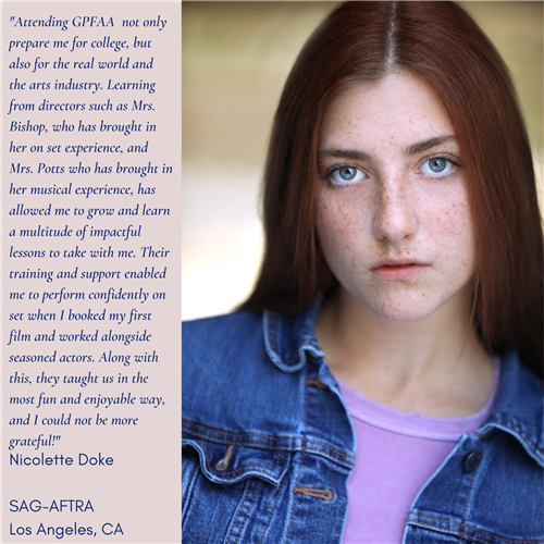 The image shows a young woman with striking blue eyes, wearing a denim jacket, and the text below provides a testimonial about her experience with the GFAA program.