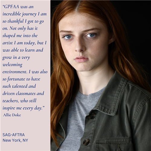 The image shows a young woman with long, reddish-brown hair wearing a gray sweater and a denim jacket, standing in front of a plain background with text overlaid.