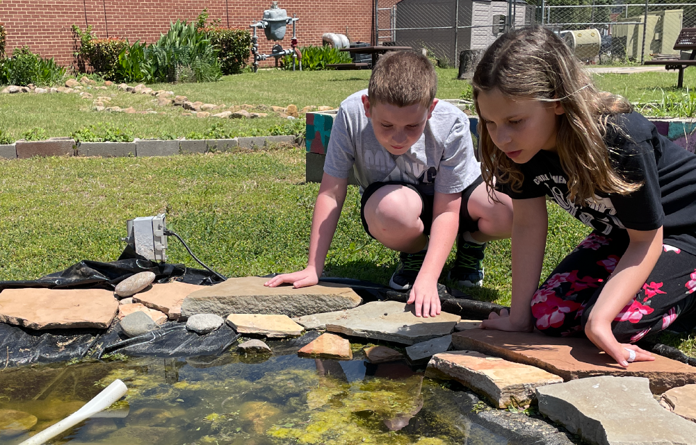 Two young people, a boy and a girl, are crouched down next to a small pond or water feature in a backyard setting. The background includes a brick building, plants, and other outdoor elements.