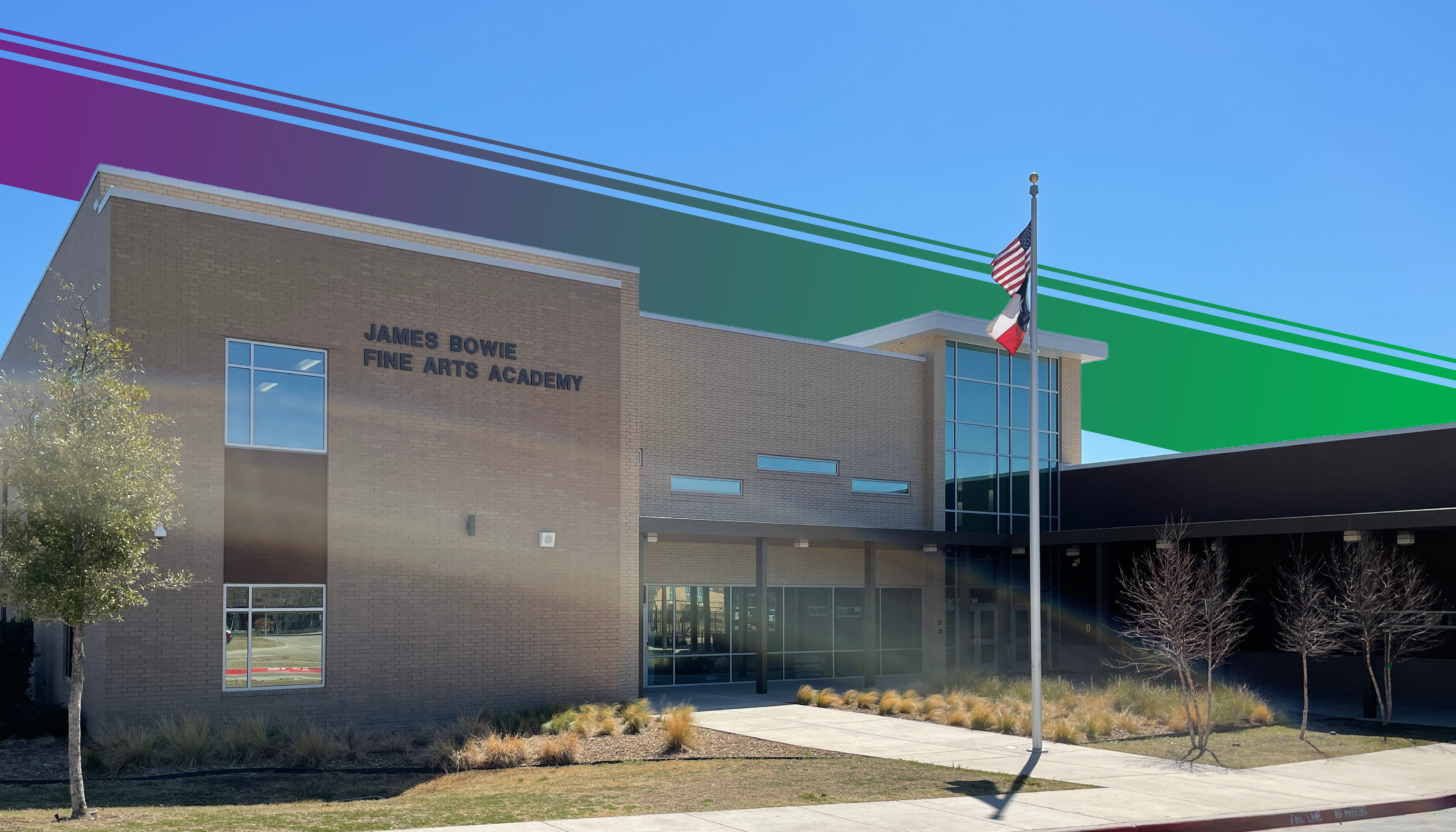 A modern, multi-colored building with the name "James Bowie Fine Arts Academy" displayed prominently on the facade, set against a clear blue sky with trees in the foreground.