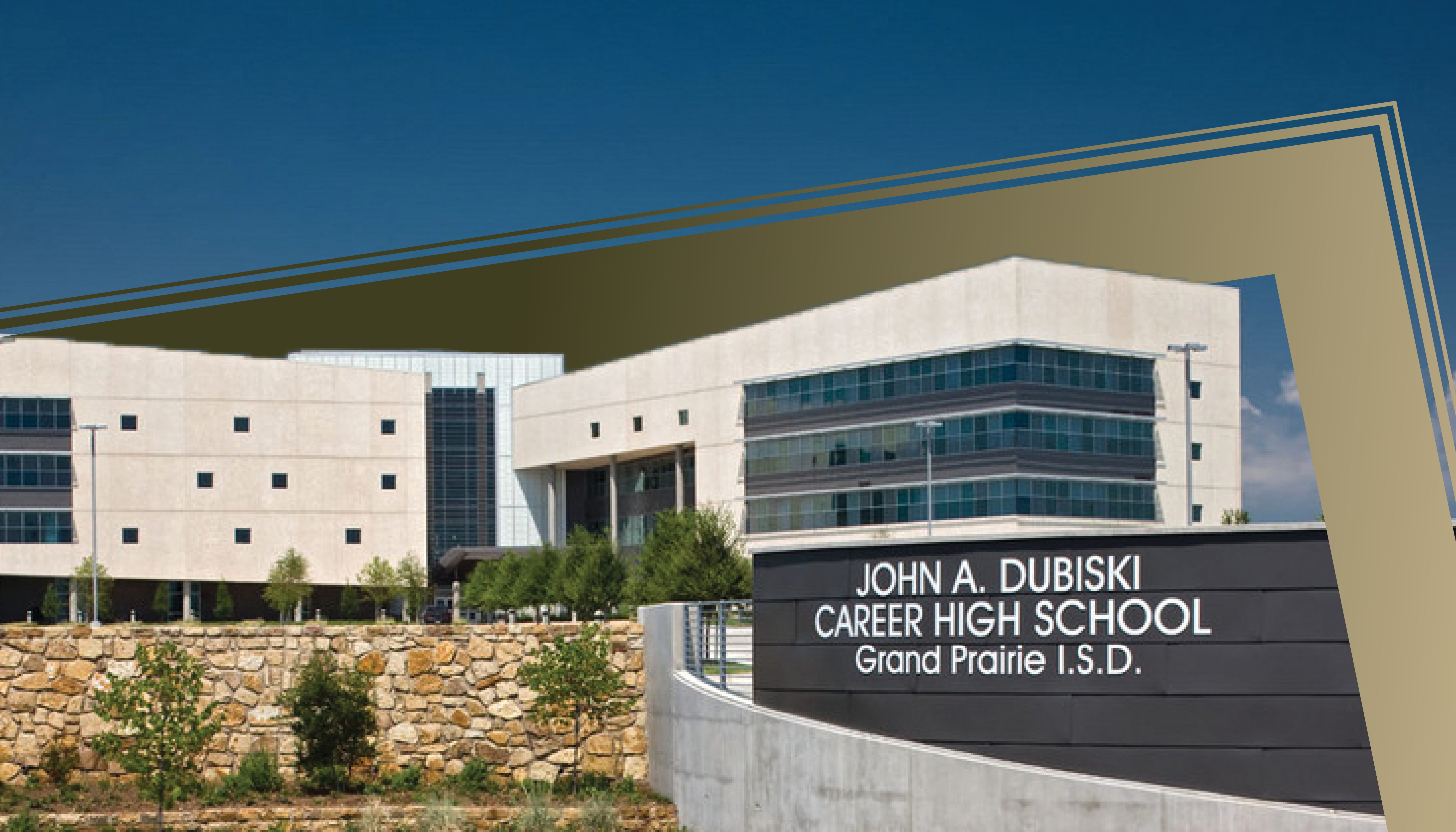 A large, modern school building with a prominent sign displaying the name "John A. Dubiski Career High School" stands against a clear blue sky.