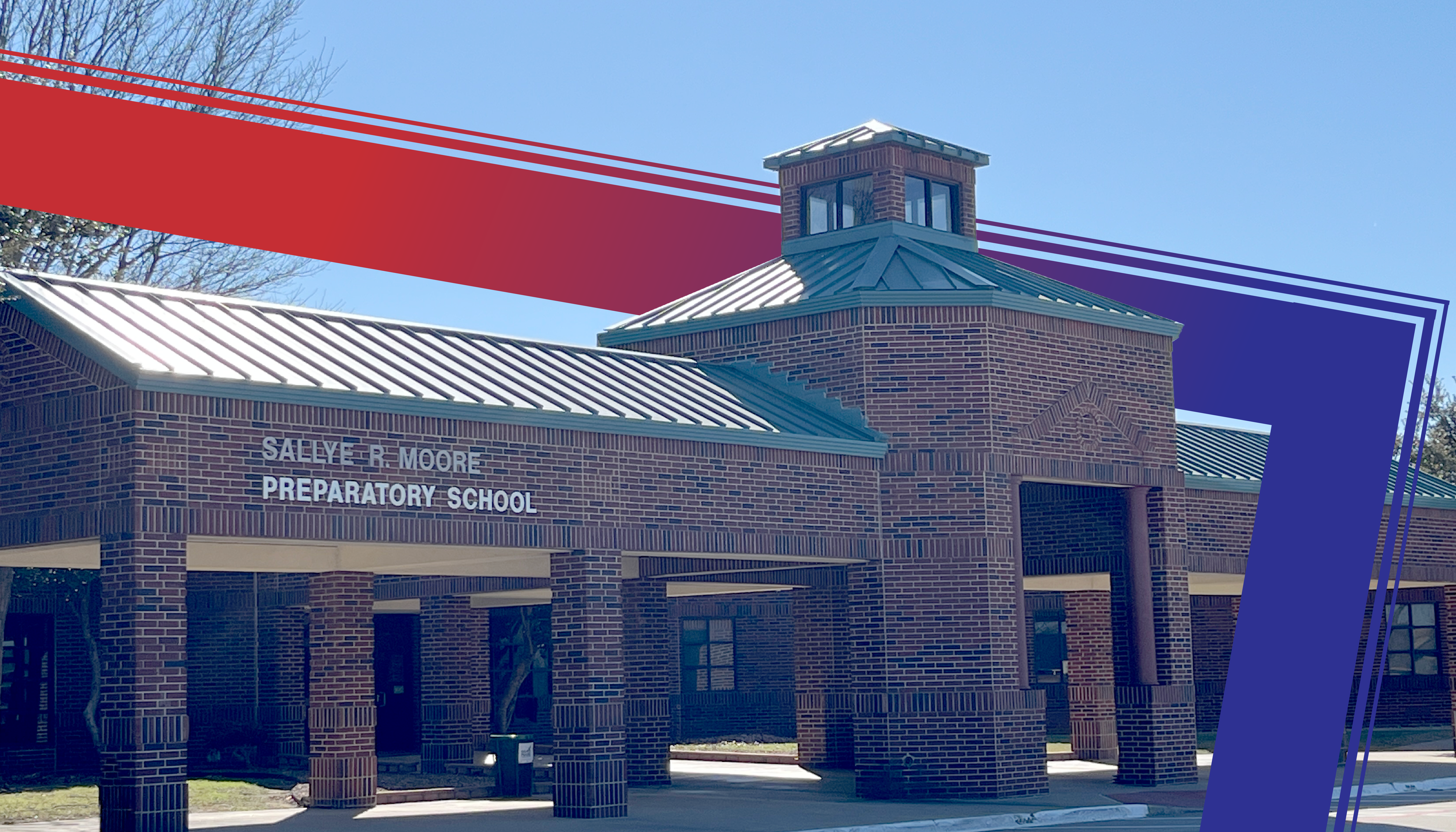 A brick building with a green roof and a sign that reads "Sallie B. Howard Preparatory School" stands in the foreground, with a blue and red background.