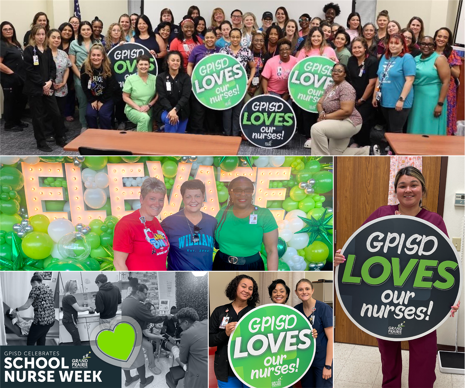 The image shows a group of people, primarily women, gathered together and holding signs that say "GPISD Loves Our Nurses!" and "GPISD Loves Our Nurses!" The background includes a banner that says "GPISD Loves Our Nurses!" and a green and white color scheme.