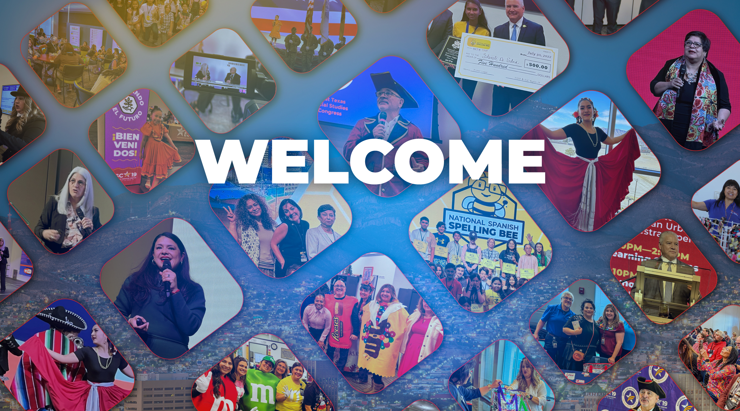 A collage of diverse people in various settings, with the word "WELCOME" prominently displayed in the center.
