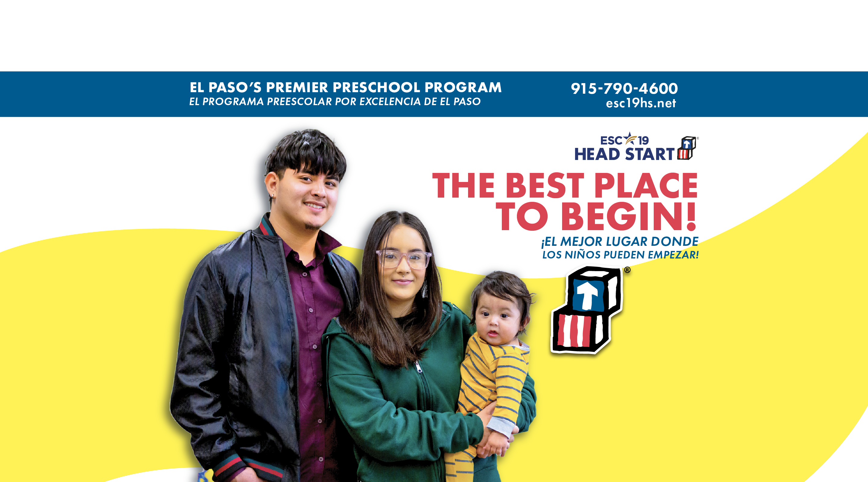 A young couple holds a baby in front of a yellow and white background with text about a preschool program.