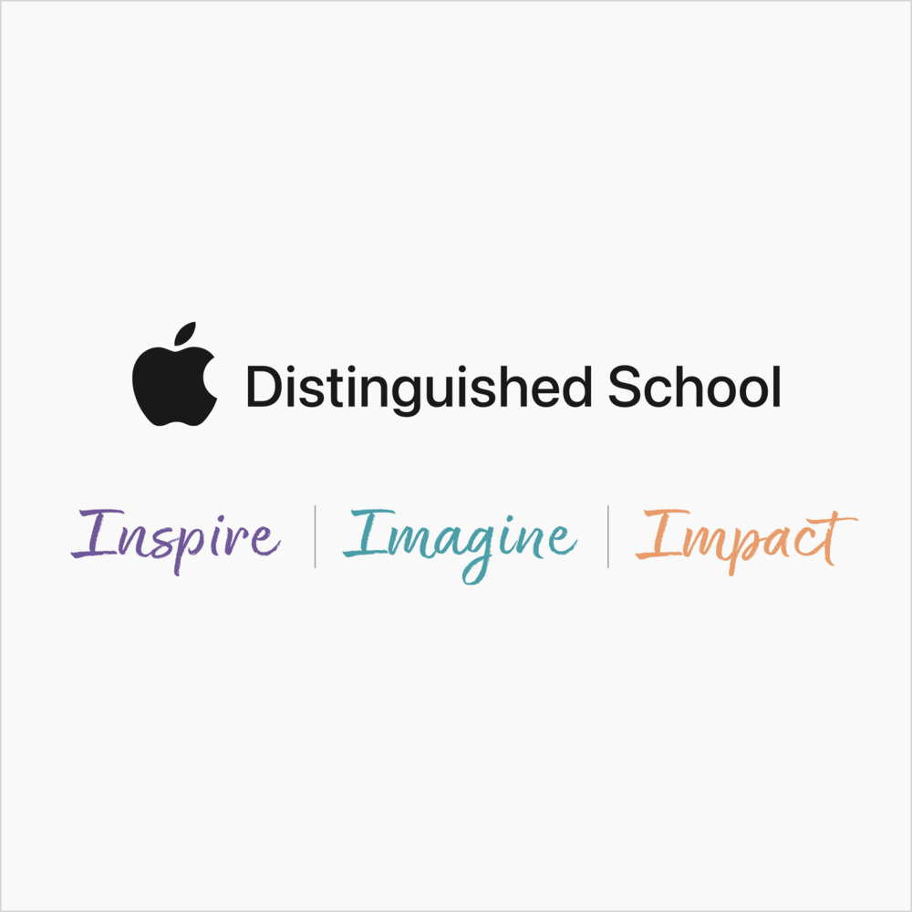 A black Apple logo and the words Distinguished School sit above the words Inspire, Imagine, and Impact which appear in purple, aqua, and orange lettering respectively. 
