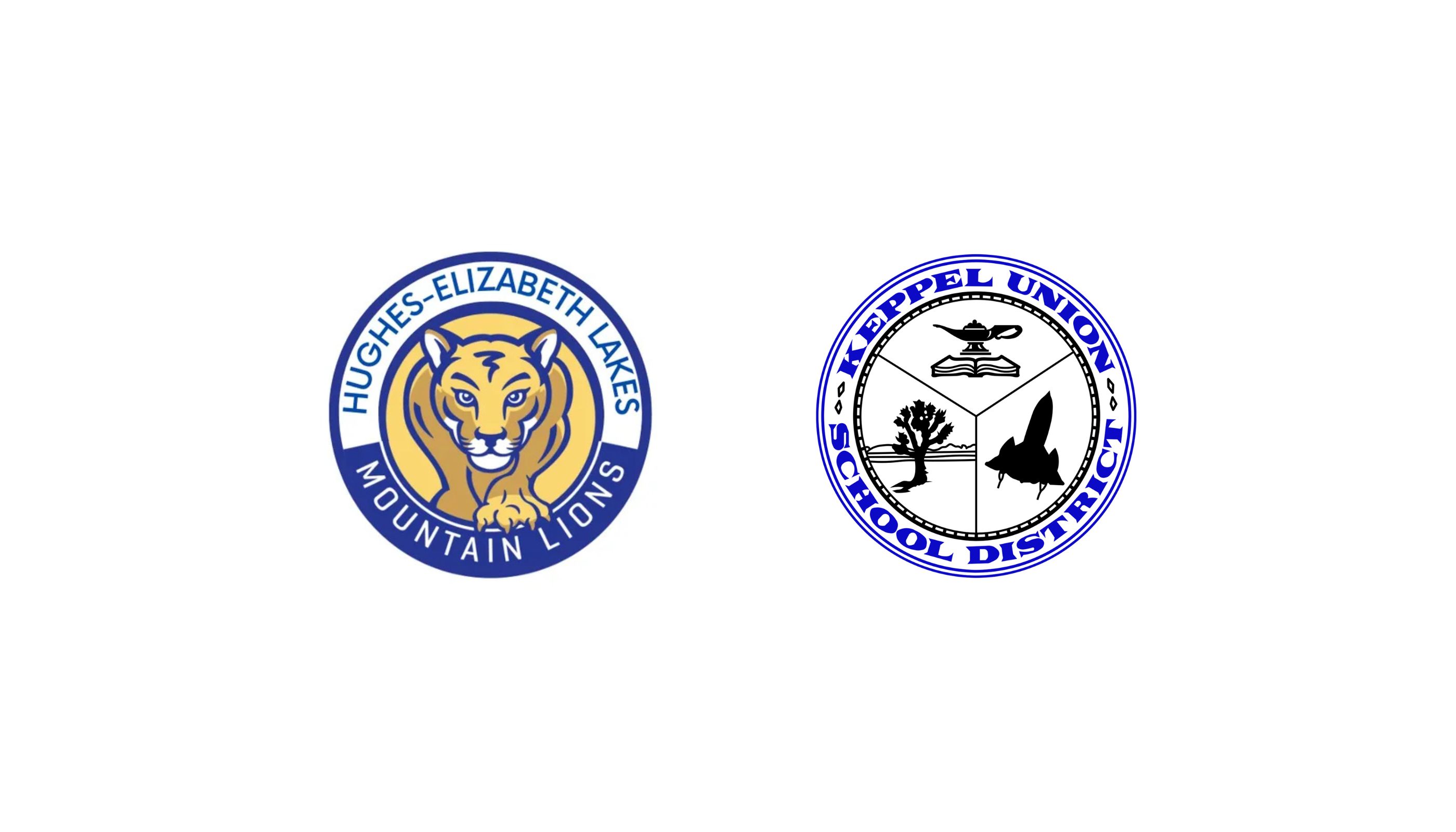 hughes elizabeth lakes elementary union school district logo - mountain lion; keppel union school district logo - circular divided into 3 sections with a joshua tree, genie lamp with book, and an aircraft