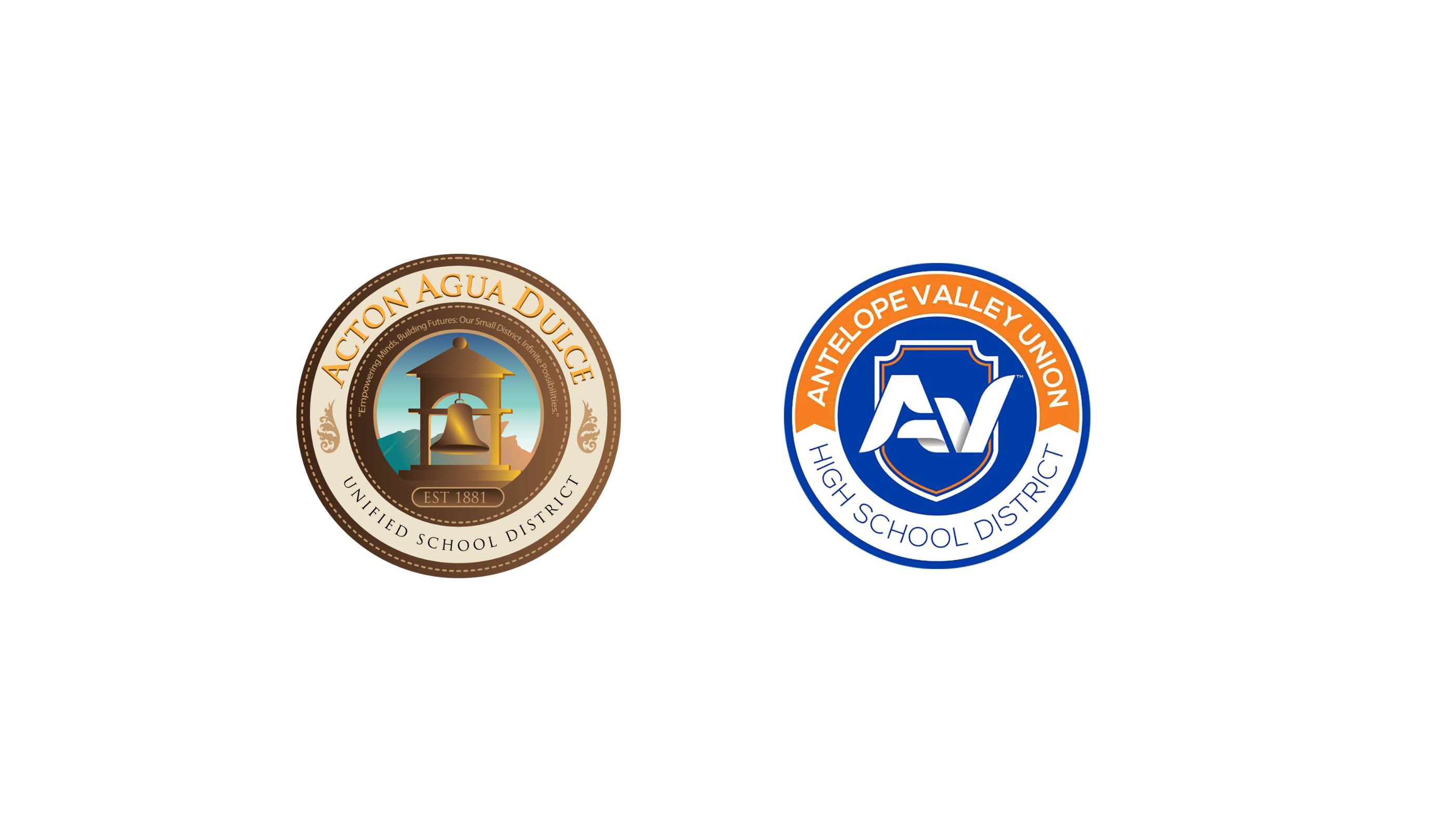 acton agua dulce school district logo - tower bell; Antelope Valley High School District logo - blue orange background