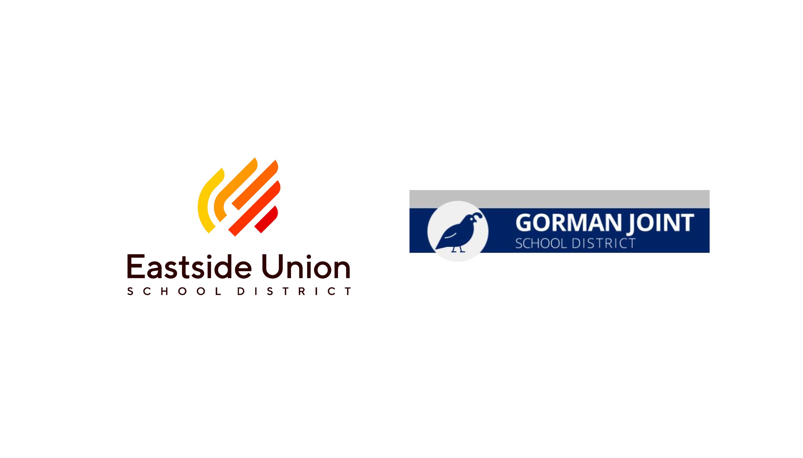 eastside union school district logo - yellow and red diagonal lines; gorman school district logo - quail with gray, white and blue background