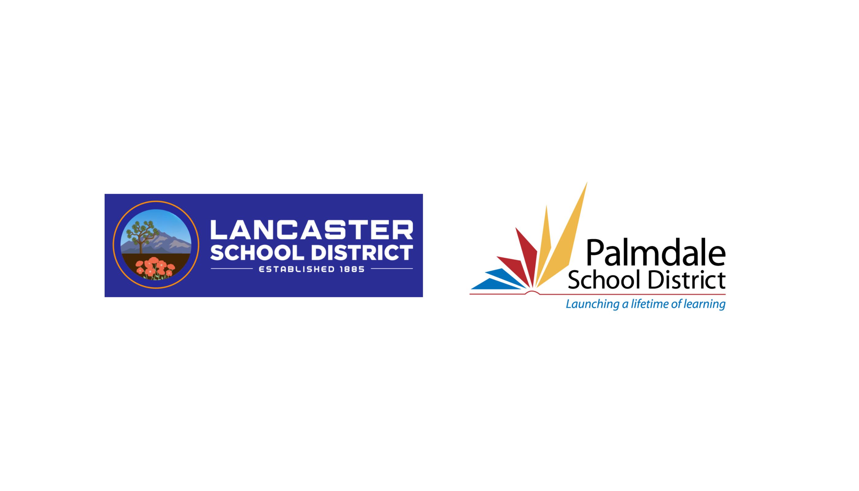 Lancaster school district logo - blue background with joshua tree, mountains and poppies on the left; Palmdale school district logo - colored triangles