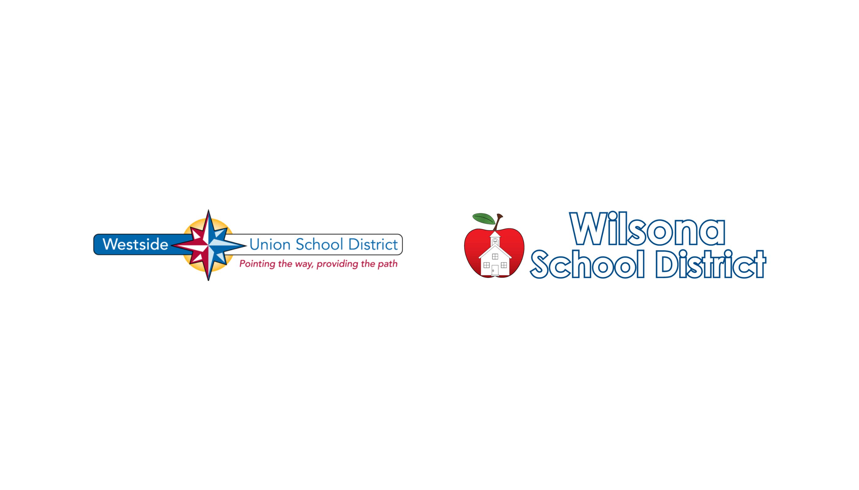westside union school district logo - red white blue eight pointed star in the middle ; wilsona school district logo - apple behind a school