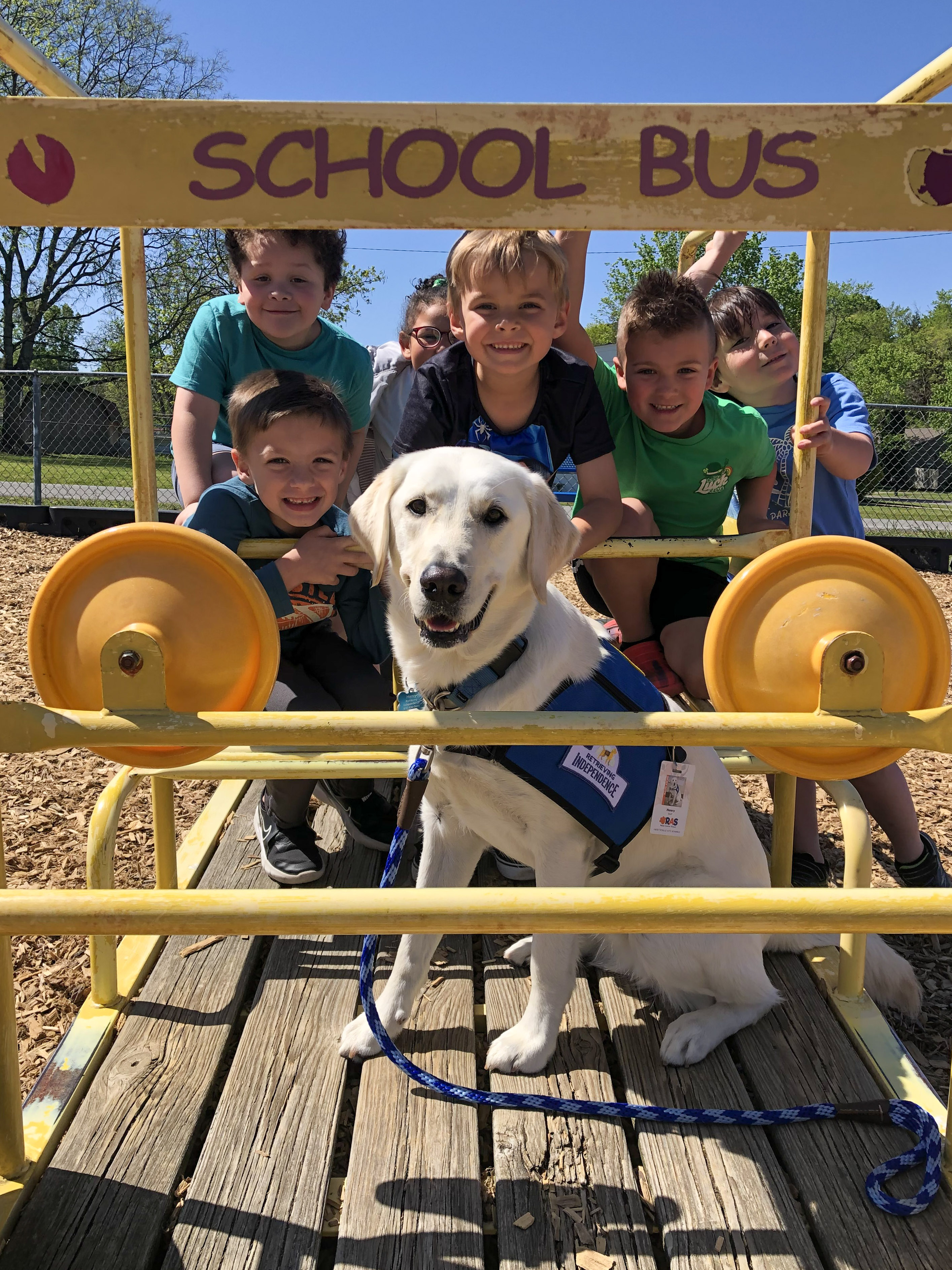 facility dog on playground equipment with children smiling in background