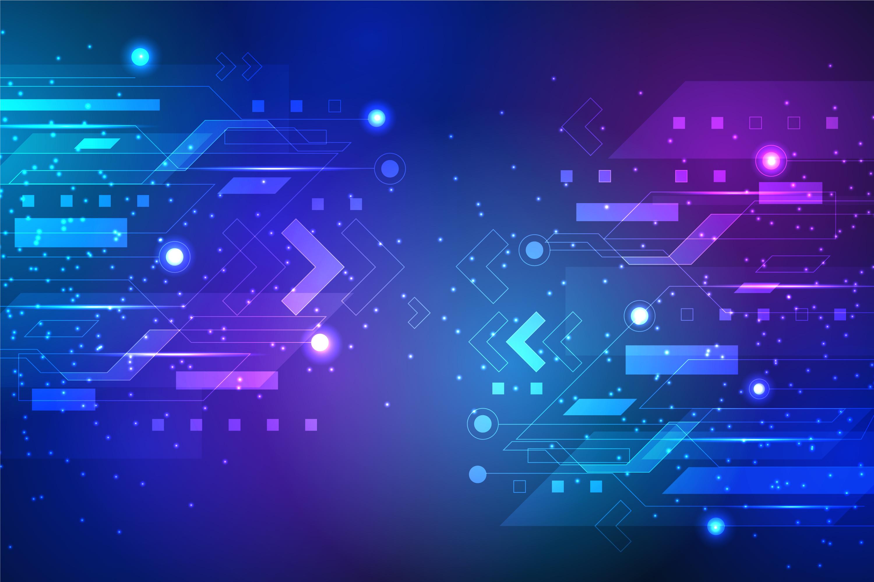 A vibrant, futuristic background featuring a complex network of geometric shapes, lines, and glowing orbs in shades of blue, purple, and pink, creating a dynamic and technological atmosphere.