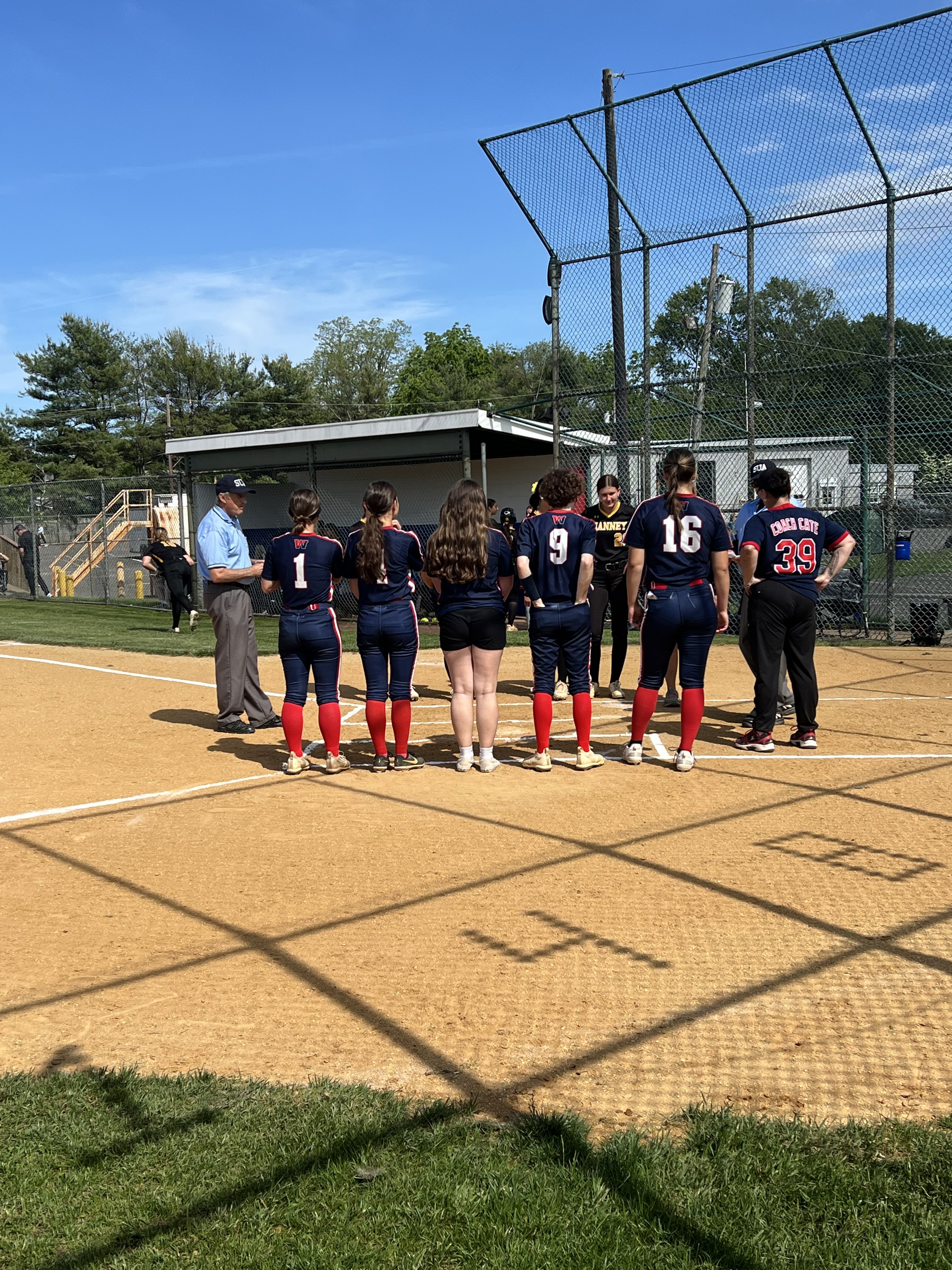 Softball players back facing camera on softball field