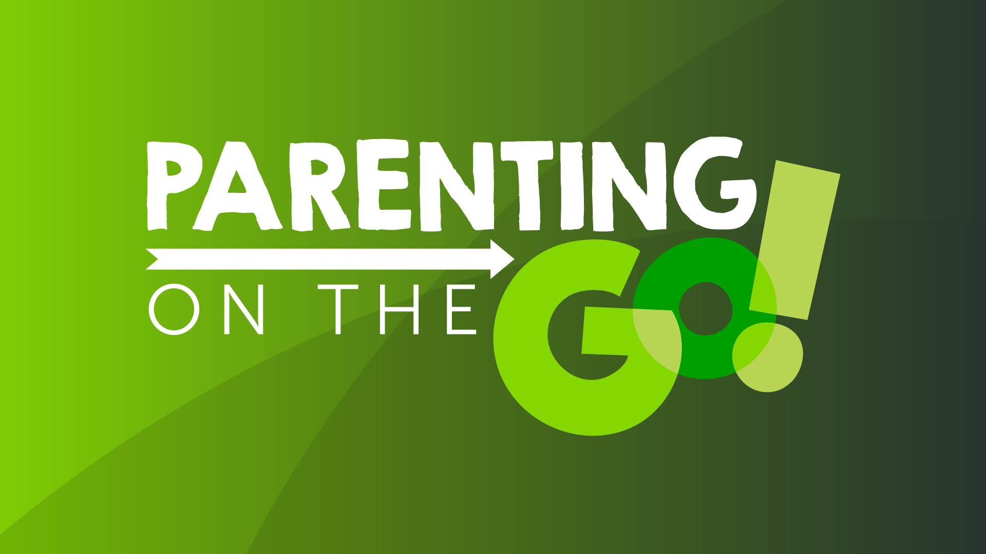 The image features the text "PARENTING ON THE GO" against a vibrant green background, with a pair of green sneakers or shoes in the foreground.
