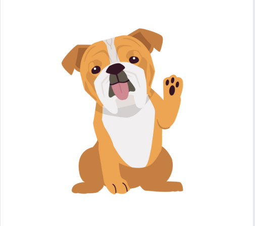 A cute bulldog sits in the foreground, waving its paw against a plain white background.