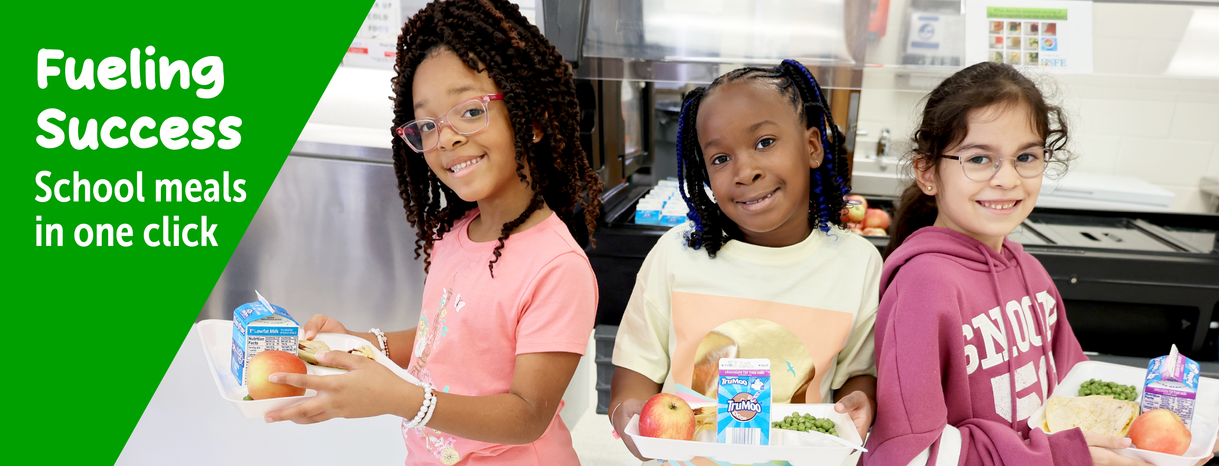 Three young girls, each with distinct hairstyles and clothing, are standing in front of a green background with text promoting "Dining Access" and "Meals to click".