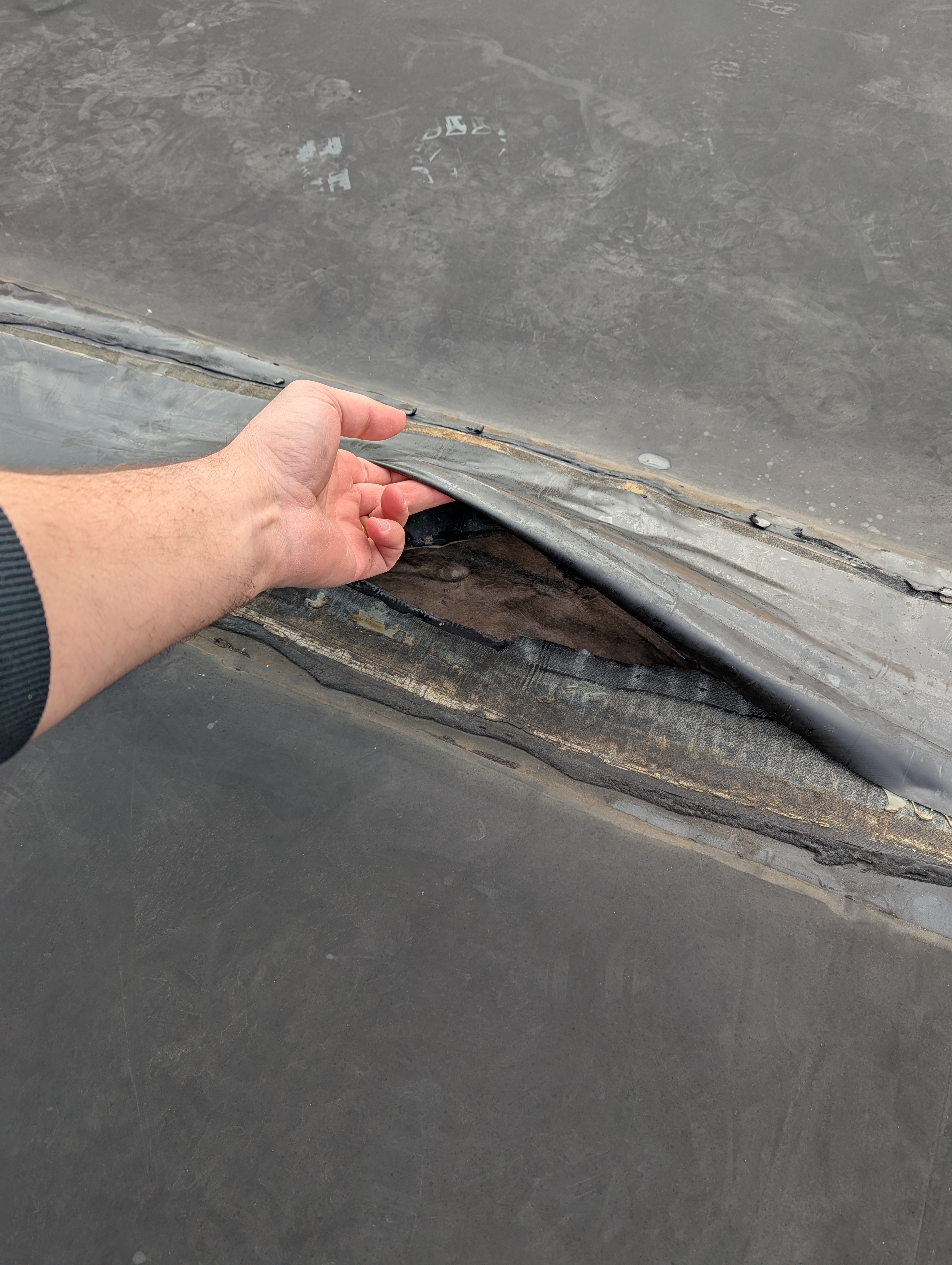 A hand points to a large tear in a dark, weathered roofing membrane, revealing damaged material underneath.