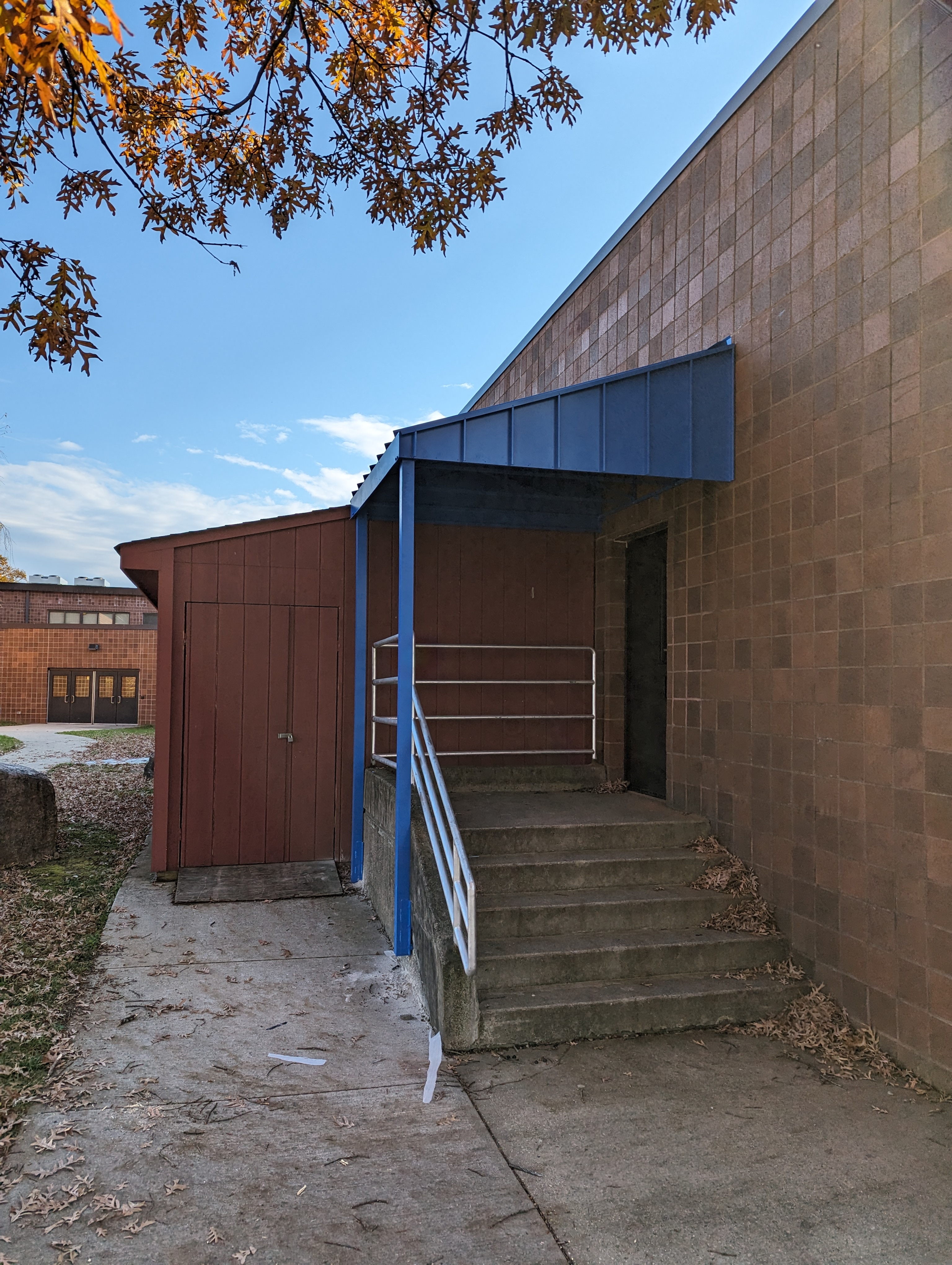 A concrete walkway leads to a set of stairs with a blue awning, adjacent to a brown shed and a brick building under a clear blue sky.