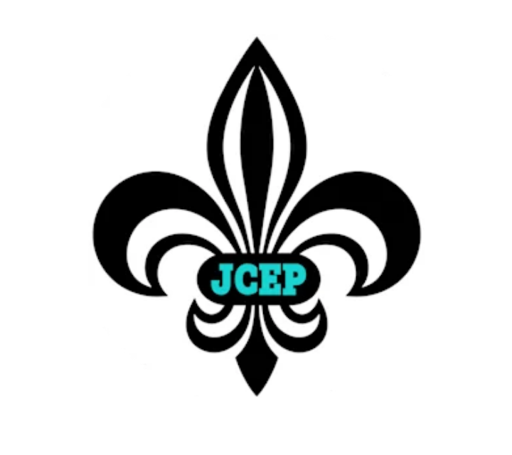 A black fleur-de-lis with the letters "JCEP" in a teal oval is centered on a white background.
