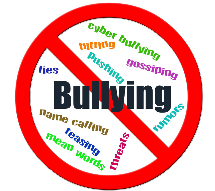 A red prohibition sign with the word "Bullying" in the center is surrounded by various forms of bullying, set against a white background.