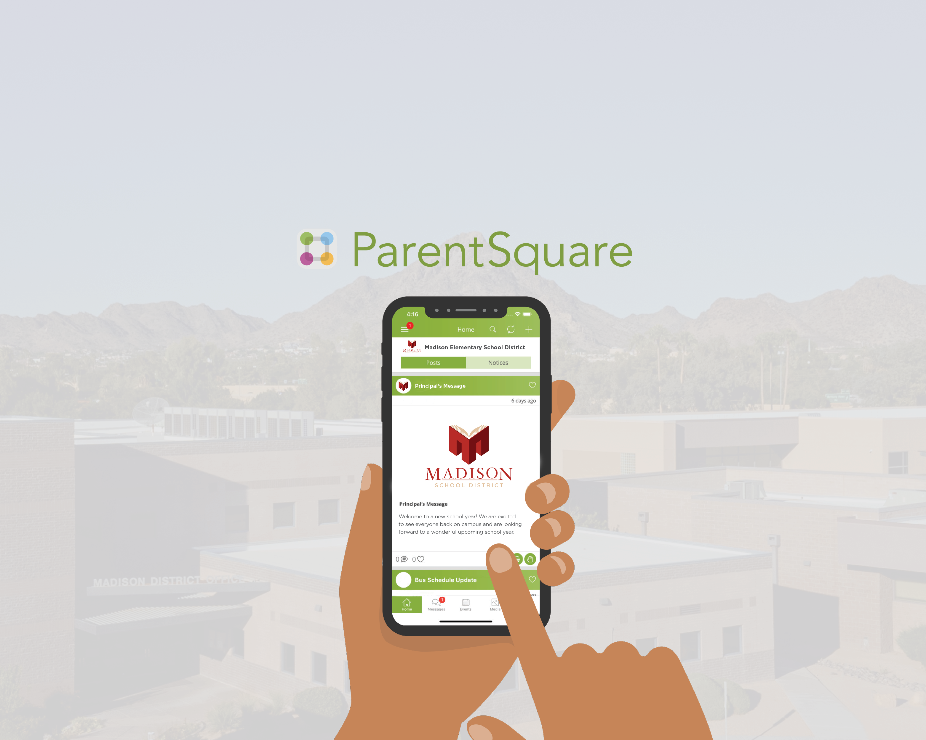 Graphic of hands holding a phone with the Madison Parentsquare app open