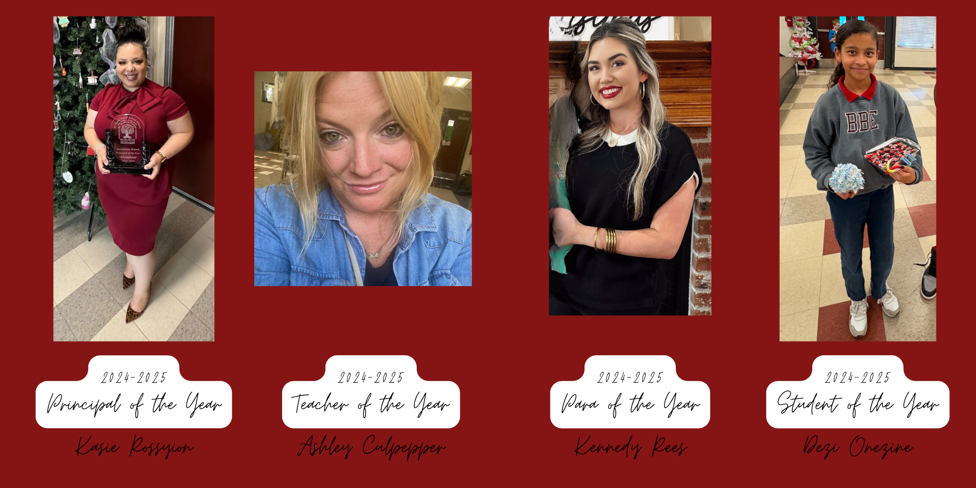 Four individuals are featured in separate frames against a red background, with their award titles and names displayed below each image.