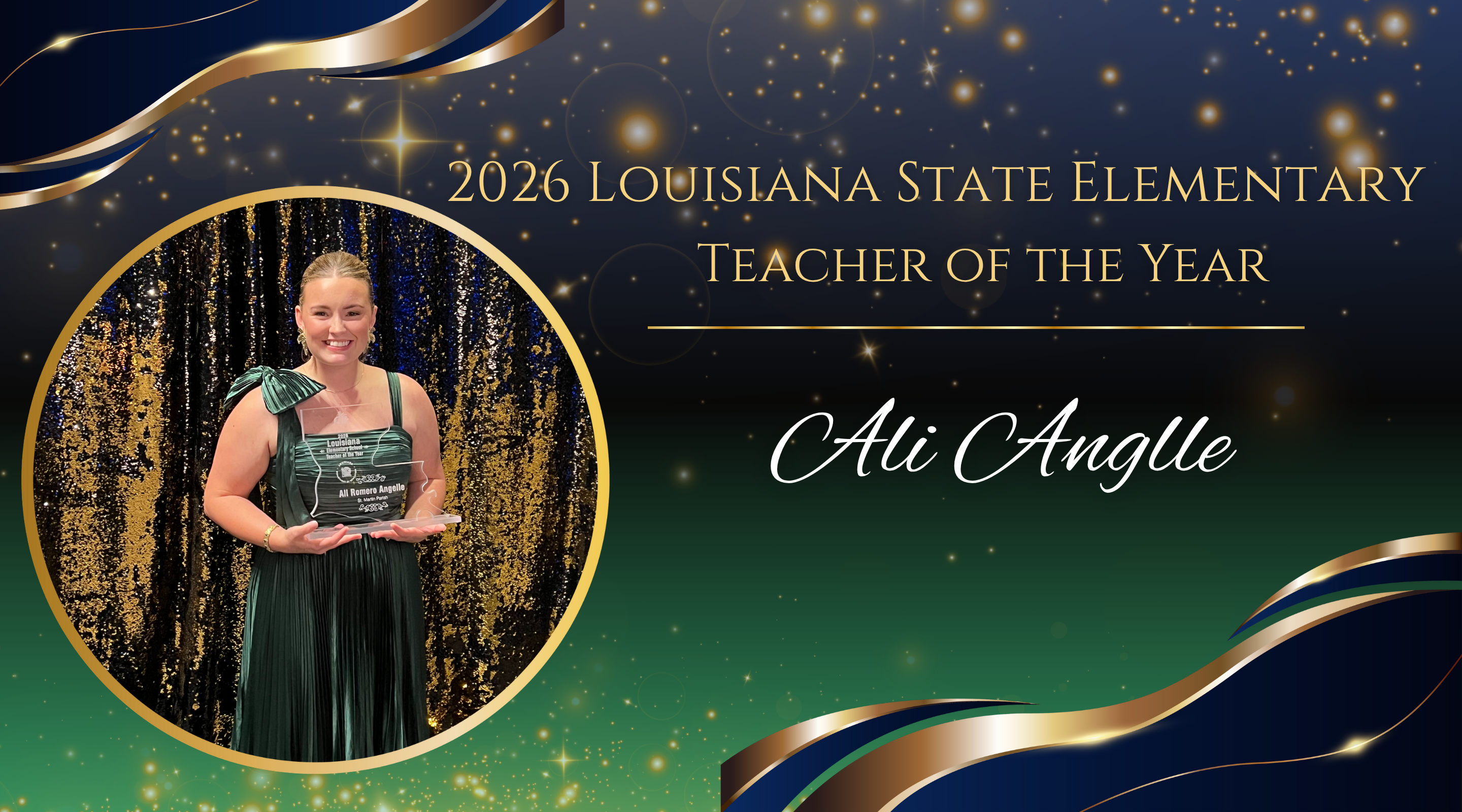 4th Grade Teacher Ali Angelle holding teacher of the year award