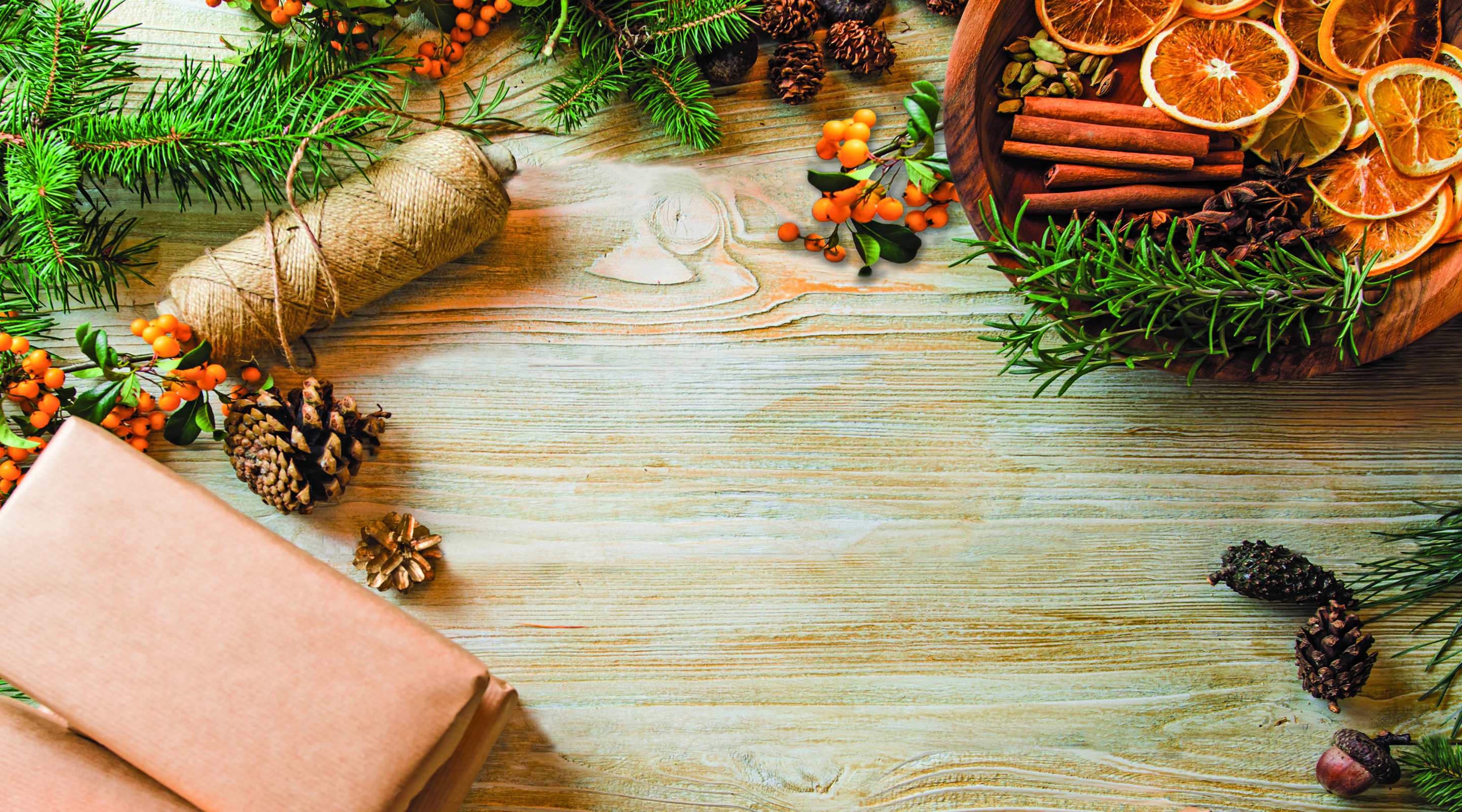 Gift Wrapped Boxes with String, Evergreen & Berries