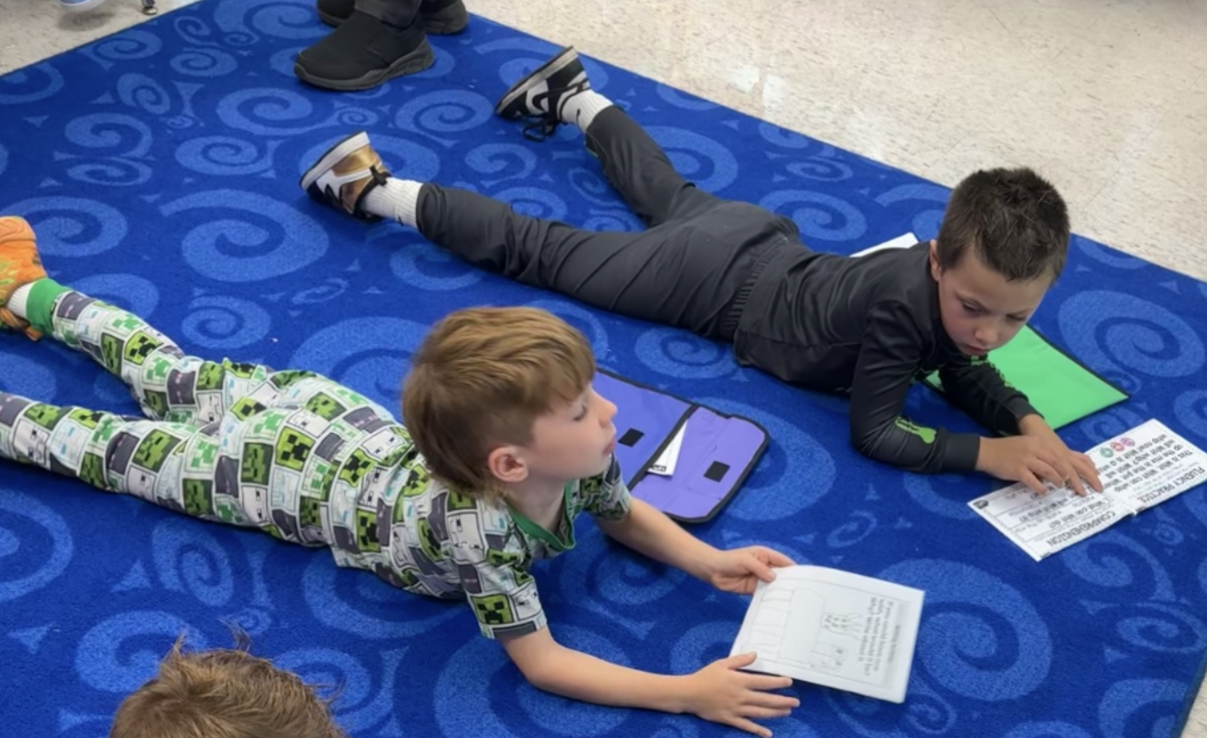 Two young boys in pajamas lie on a blue patterned rug, reading books, with a purple binder between them.