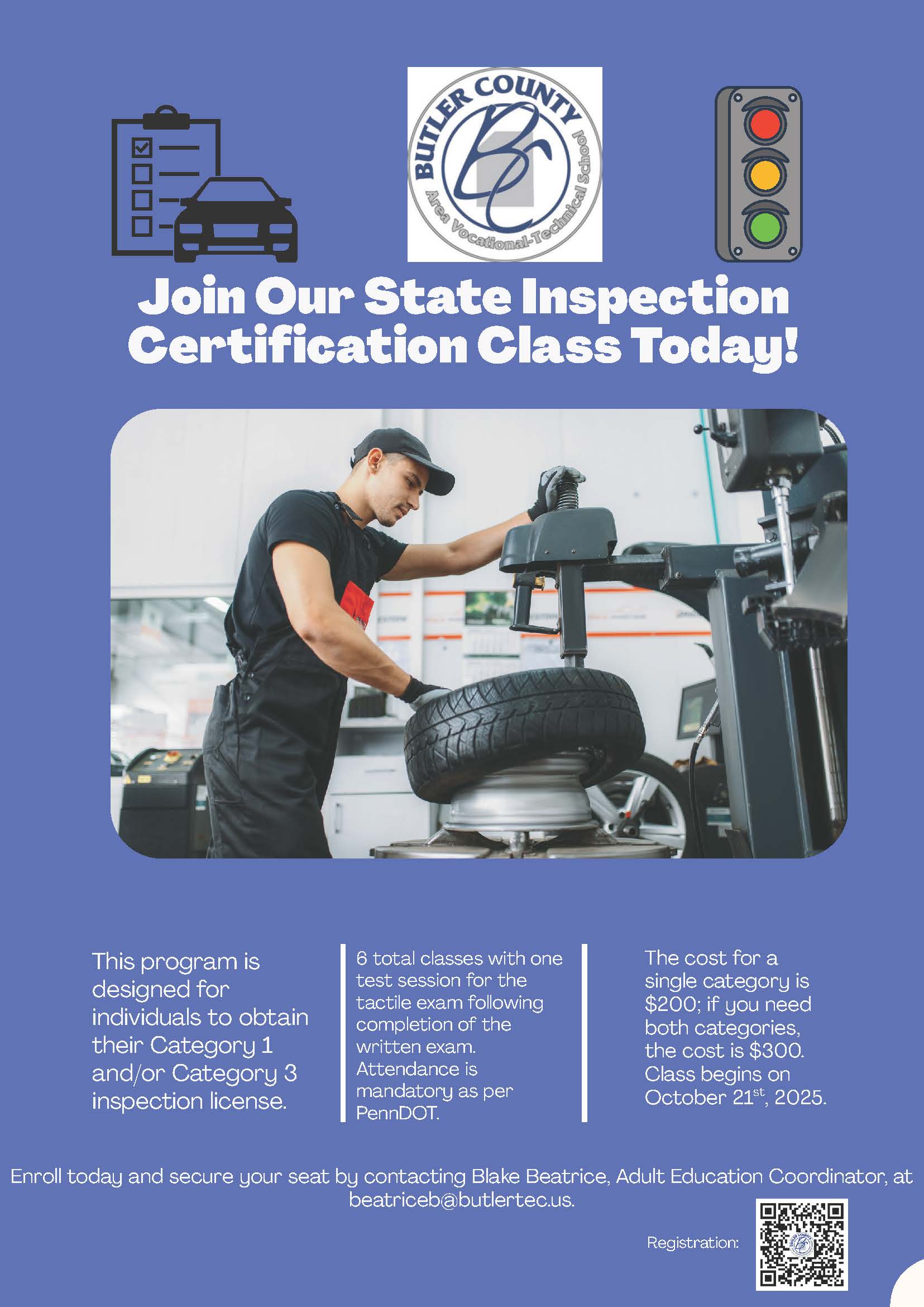 The image shows a man working on a tire in the foreground, with a Butler County logo and information about a state inspection certification class in the background.